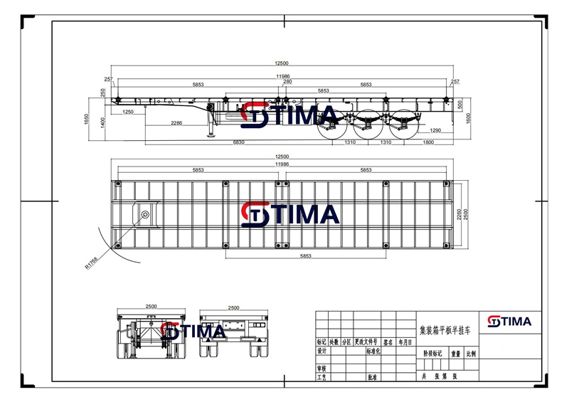 dessin de conception de remorque à plateau à trois essieux tri-axle flatbed trailer design drawing